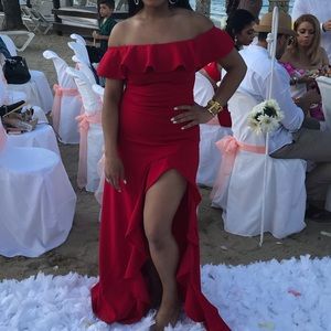 Red off shoulder ruffle dress